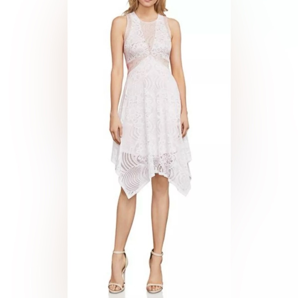 BCBGMAXAZRIA Meilani Dress White & Pale Pink Lace Asymmetrical Hem Size Small